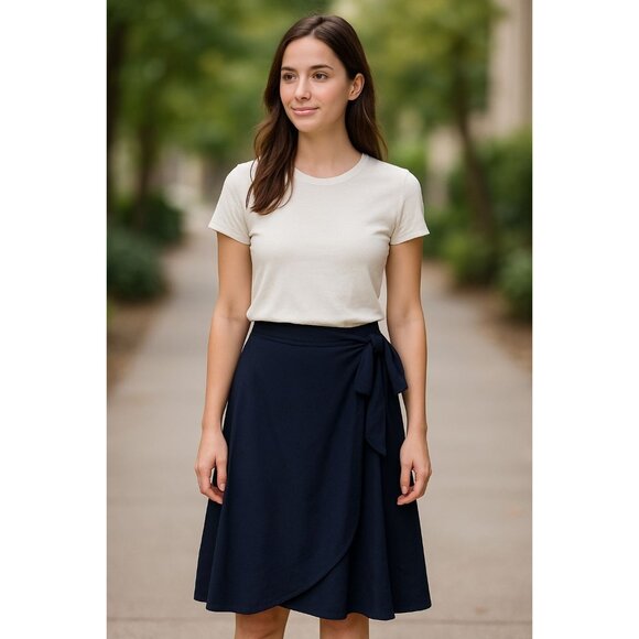 J.Crew Factory Petite Linen-Blend Faux-Wrap Skirt Women's PS Navy Linen Classic - Picture 3 of 16